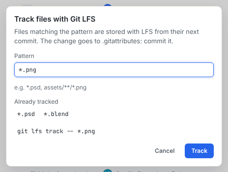 The Track files with Git LFS dialog with the already tracked patterns and a pattern field