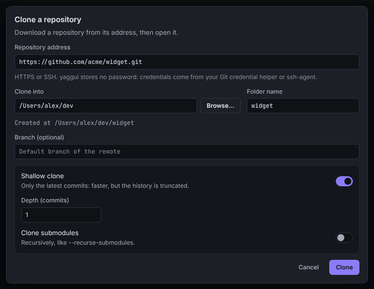 The Clone a repository dialog with the address, target folder, folder name, branch, shallow clone and submodule options
