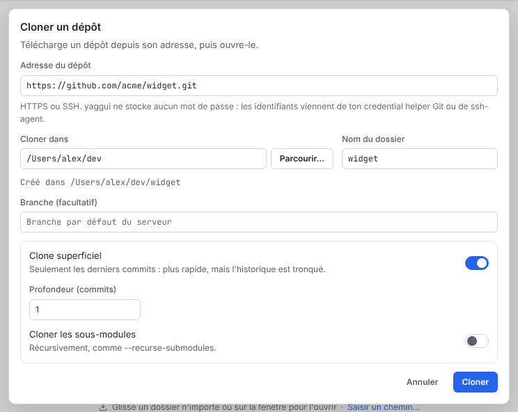 La boîte de dialogue Cloner un dépôt avec l’adresse, le dossier de destination, le nom du dossier, la branche, le clone superficiel et l’option des sous-modules