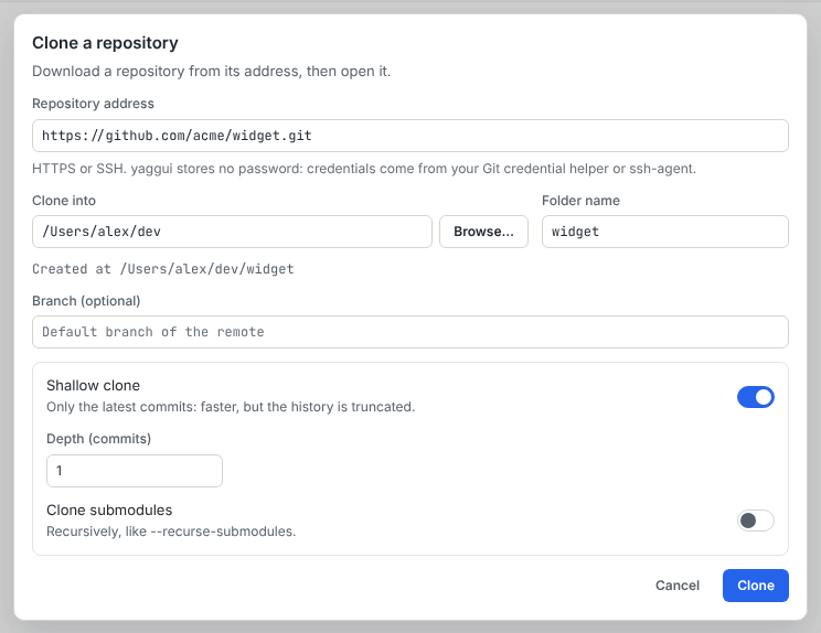 The Clone a repository dialog with the address, target folder, folder name, branch, shallow clone and submodule options