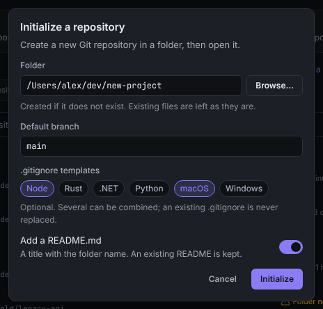 The Initialize a repository dialog with the folder, default branch, .gitignore templates and README options