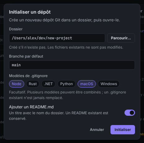 La boîte de dialogue Initialiser un dépôt avec le dossier, la branche par défaut, les modèles de .gitignore et l’option README