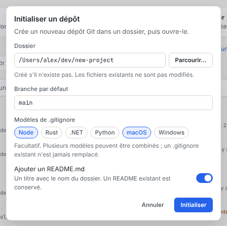 La boîte de dialogue Initialiser un dépôt avec le dossier, la branche par défaut, les modèles de .gitignore et l’option README