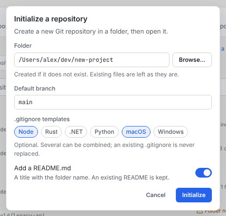 The Initialize a repository dialog with the folder, default branch, .gitignore templates and README options