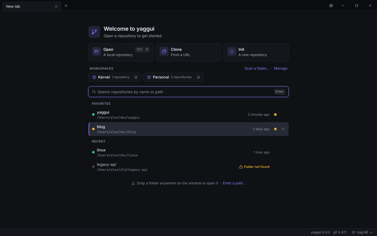 Welcome screen with the Open, Clone and Init tiles, the workspaces section, the search field and the lists of favorite and recent repositories