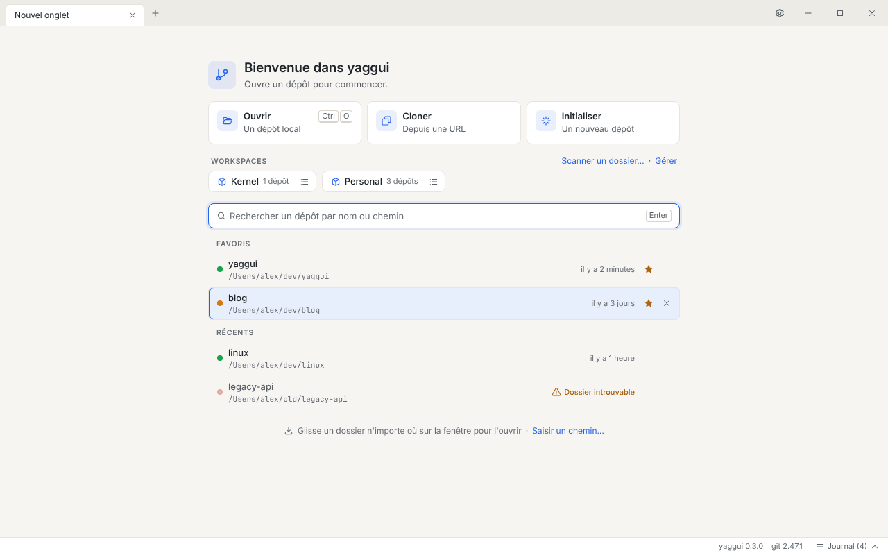 L’écran d’accueil avec les tuiles Ouvrir, Cloner et Initialiser, la section des workspaces, le champ de recherche et les listes des dépôts favoris et récents