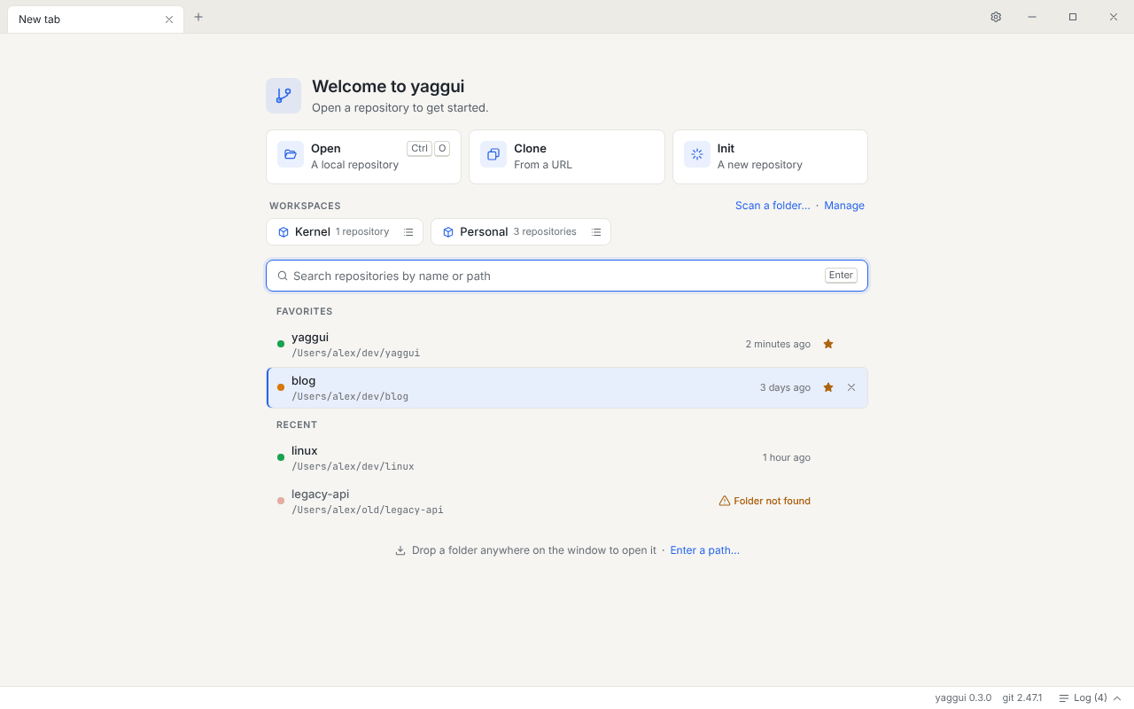 Welcome screen with the Open, Clone and Init tiles, the workspaces section, the search field and the lists of favorite and recent repositories