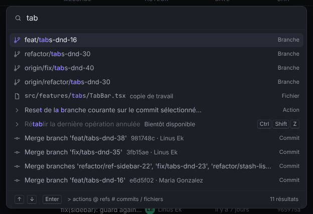 La palette de commandes ouverte au-dessus du graphe, avec les actions, les branches et les commits correspondant à la recherche