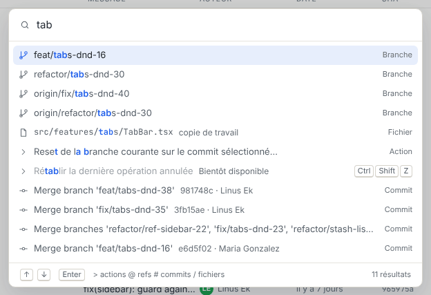 La palette de commandes ouverte au-dessus du graphe, avec les actions, les branches et les commits correspondant à la recherche