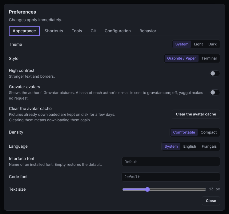 The Appearance tab of the Preferences dialog with Theme, Style, High contrast, Gravatar avatars, Density, Language, fonts and Text size