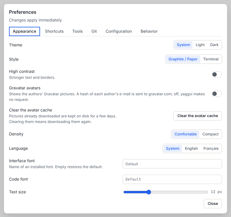 The Appearance tab of the Preferences dialog with Theme, Style, High contrast, Gravatar avatars, Density, Language, fonts and Text size