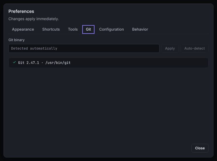 The Git tab of the preferences with the Git binary field, the Apply and Auto-detect buttons and the detected Git version