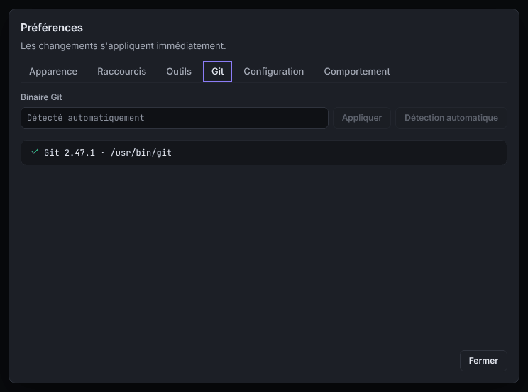 L’onglet Git des préférences, avec le champ Binaire Git, les boutons Appliquer et Détection automatique et la version de Git détectée