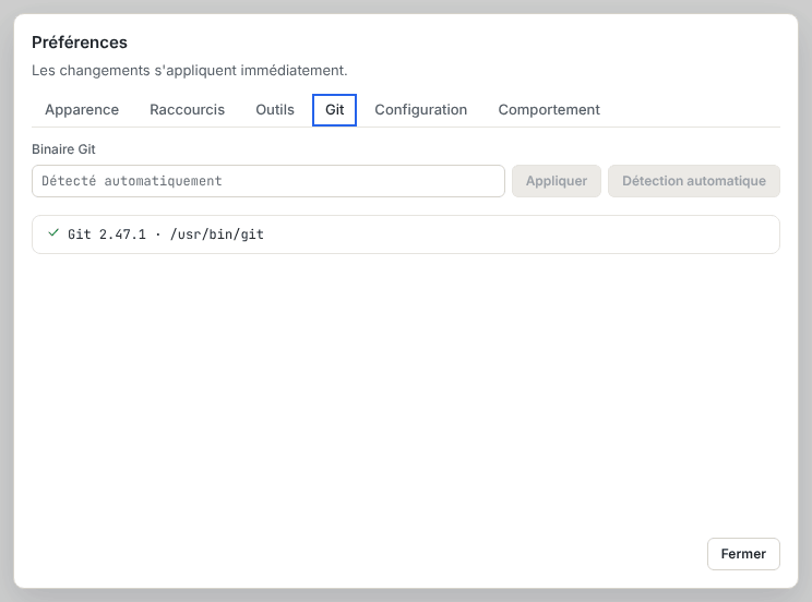 L’onglet Git des préférences, avec le champ Binaire Git, les boutons Appliquer et Détection automatique et la version de Git détectée