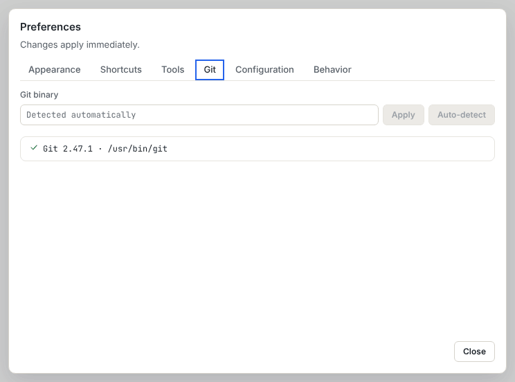 The Git tab of the preferences with the Git binary field, the Apply and Auto-detect buttons and the detected Git version