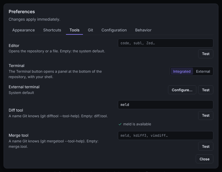 The Tools tab of the preferences with the Editor, Terminal, External terminal, Diff tool and Merge tool rows and their Test buttons