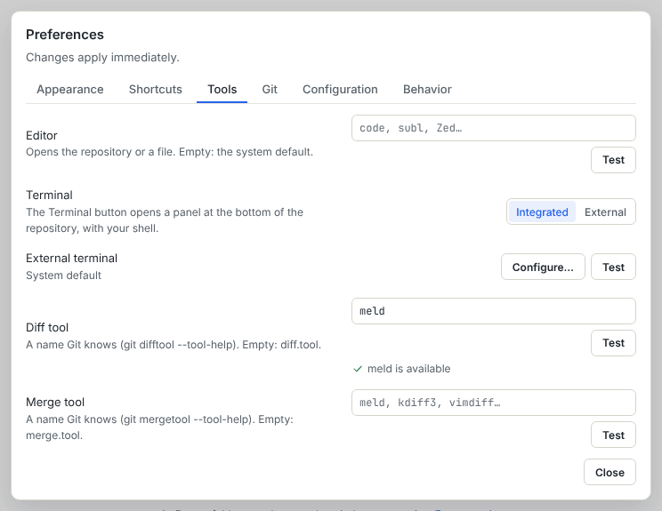 The Tools tab of the preferences with the Editor, Terminal, External terminal, Diff tool and Merge tool rows and their Test buttons