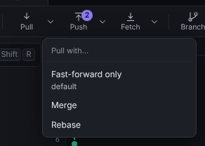 The Pull strategy menu open under the toolbar, with Fast-forward only marked as default, Merge and Rebase
