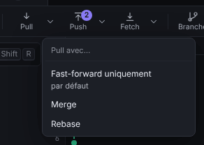 Le menu Stratégie du pull ouvert sous la barre d’outils, avec Fast-forward uniquement marqué par défaut, Merge et Rebase