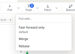 The Pull strategy menu open under the toolbar, with Fast-forward only marked as default, Merge and Rebase