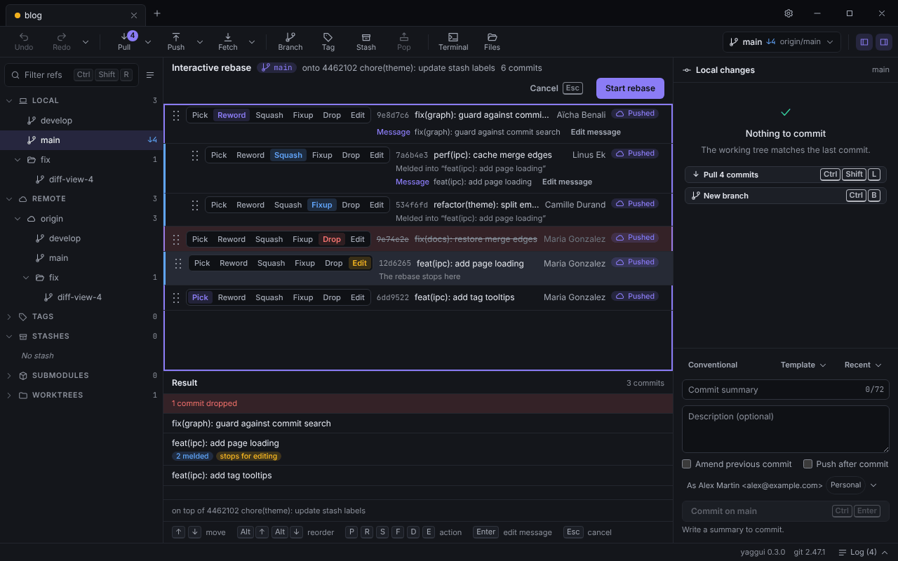 Interactive rebase editor with commits set to reword, squash, fixup, drop and edit, and the Result panel