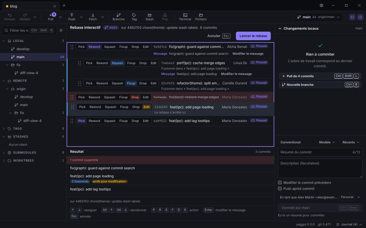 Éditeur de rebase interactif avec des commits en Reword, Squash, Fixup, Drop et Edit, et le panneau Résultat