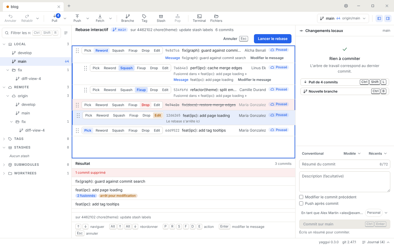 Éditeur de rebase interactif avec des commits en Reword, Squash, Fixup, Drop et Edit, et le panneau Résultat
