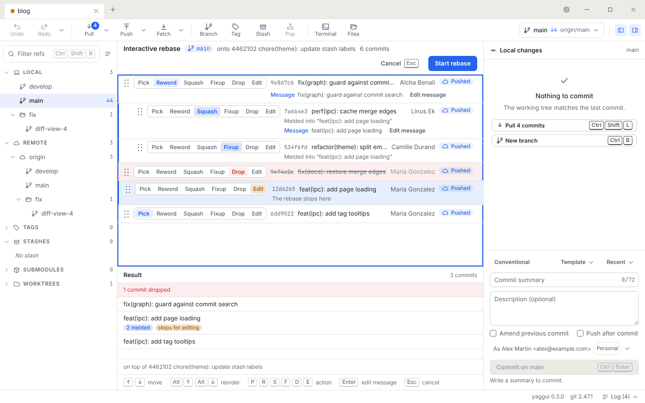 Interactive rebase editor with commits set to reword, squash, fixup, drop and edit, and the Result panel