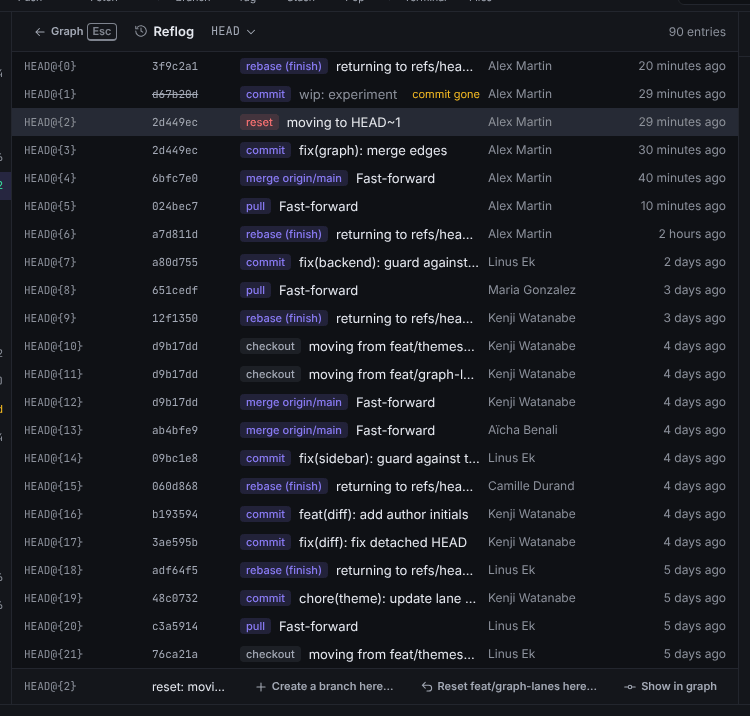The Reflog view for HEAD: entries with HEAD@{n}, short SHA, colored action chips such as commit, checkout and reset, a commit gone entry, and the Selected entry bar with Create a branch here…, Reset feat/graph-lanes here… and Show in graph