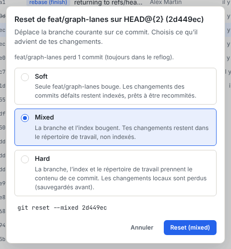 La boîte de dialogue Reset ouverte depuis le reflog, intitulée Reset de feat/graph-lanes sur HEAD@{2}, avec les modes Soft, Mixed et Hard et l’aperçu des commits perdus ou gagnés