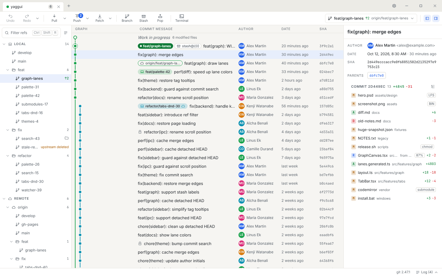 yaggui commit graph with the commit details panel