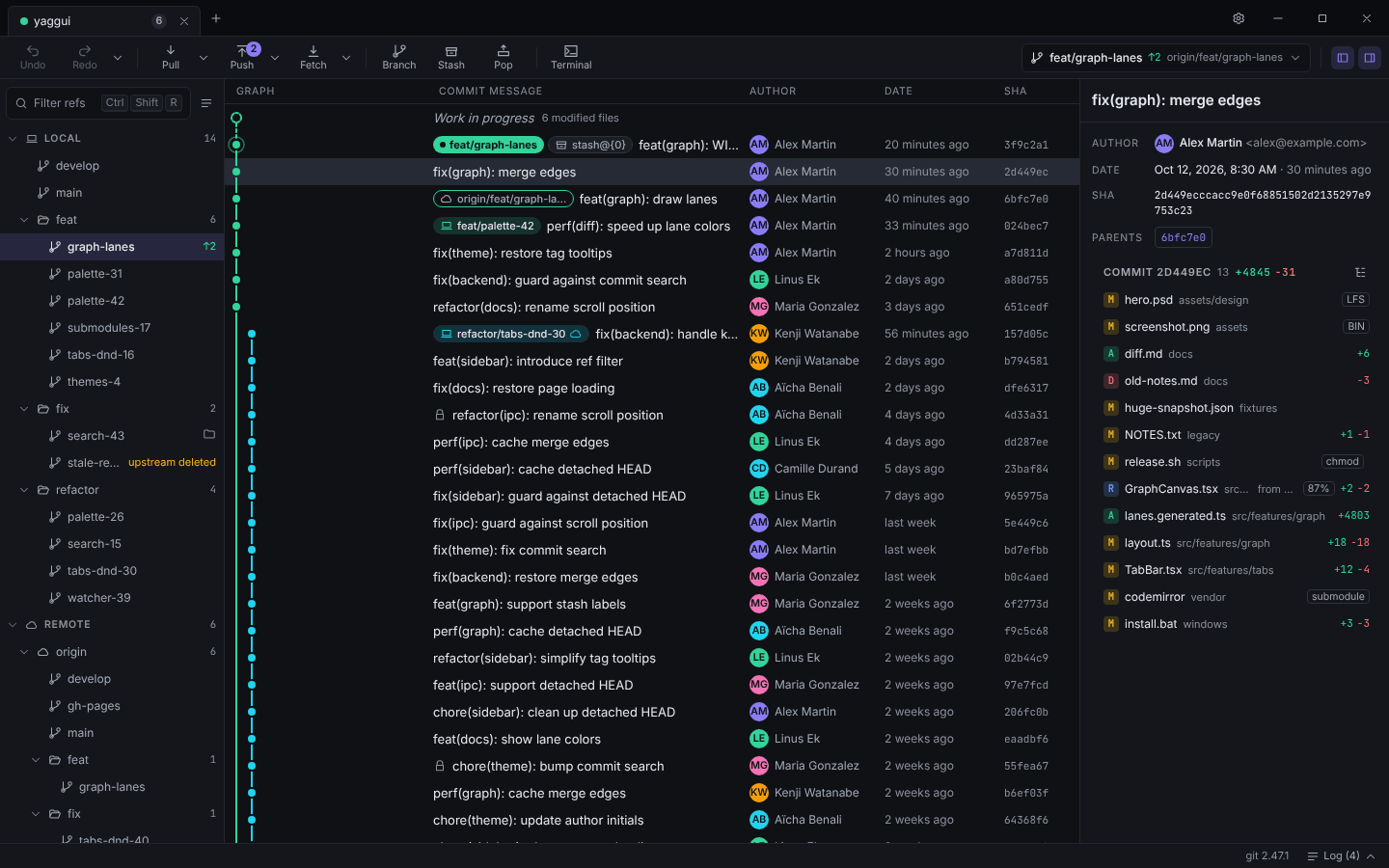 yaggui commit graph with the commit details panel