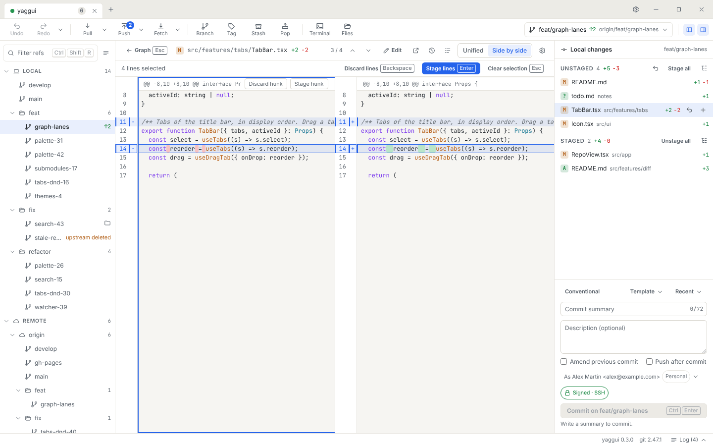 Line staging in the side-by-side diff