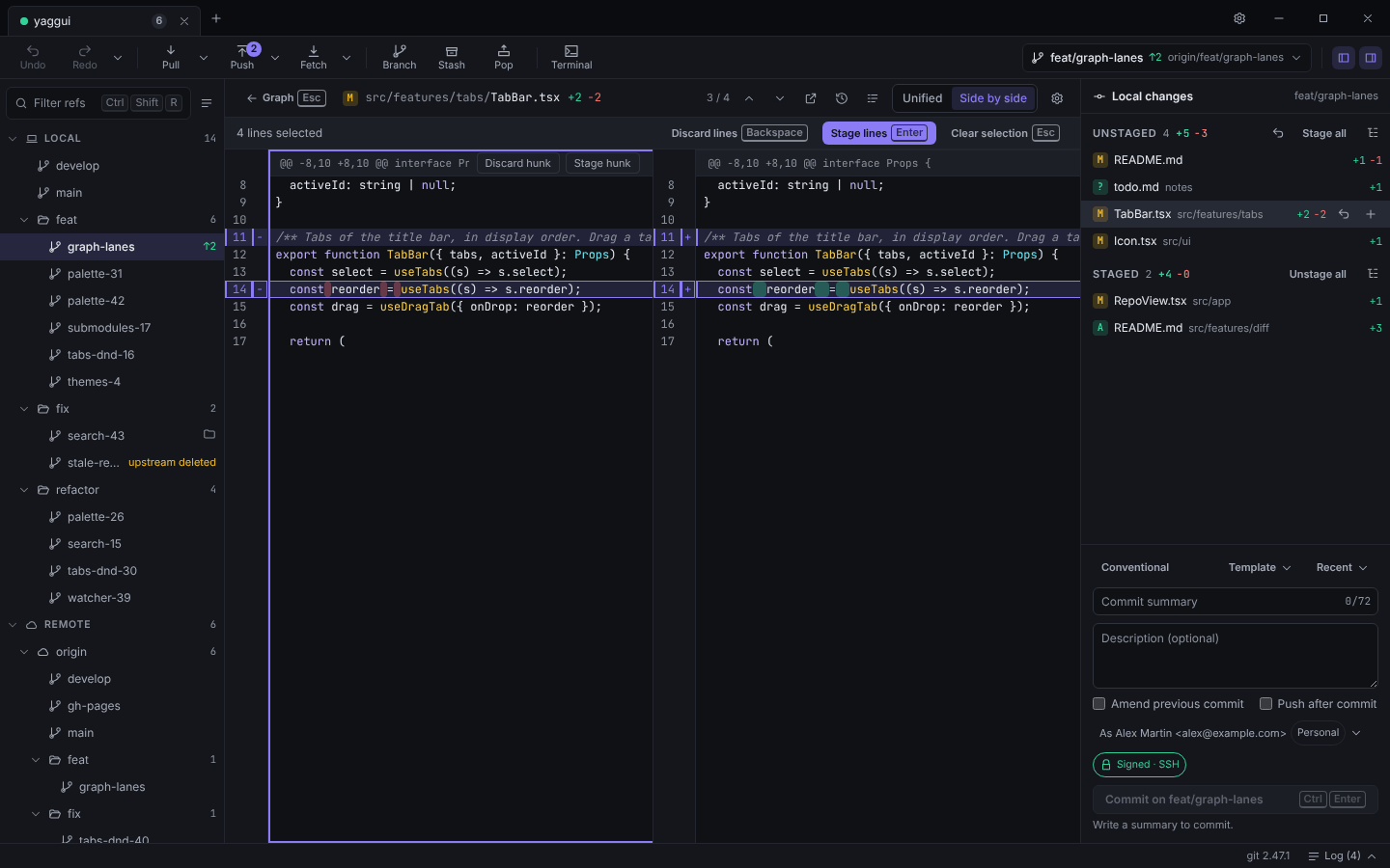 Line staging in the side-by-side diff