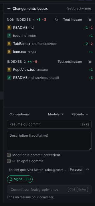 Le panneau Changements locaux avec quatre fichiers non indexés, deux fichiers indexés et la zone de commit en dessous