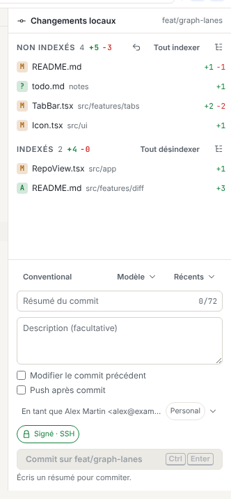 Le panneau Changements locaux avec quatre fichiers non indexés, deux fichiers indexés et la zone de commit en dessous