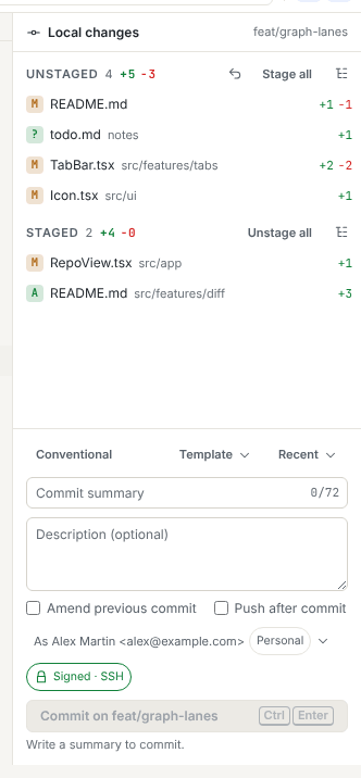 The Local changes panel with four unstaged files, two staged files and the commit area below