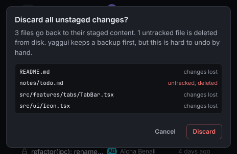 The Discard all unstaged changes confirmation listing each file with the note changes lost or untracked, deleted