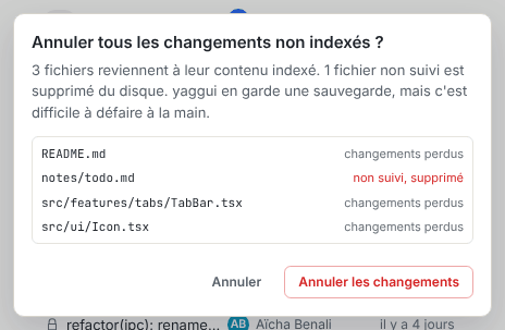 La confirmation Annuler tous les changements non indexés, qui liste chaque fichier avec la mention changements perdus ou non suivi, supprimé