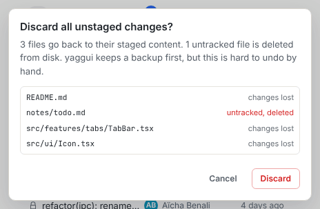 The Discard all unstaged changes confirmation listing each file with the note changes lost or untracked, deleted