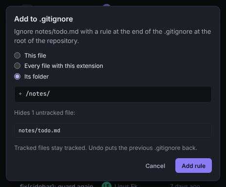 The Add to .gitignore dialog with the What to ignore options and the preview of the rule