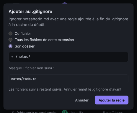 La boîte de dialogue Ajouter au .gitignore avec les options de Quoi ignorer et l’aperçu de la règle