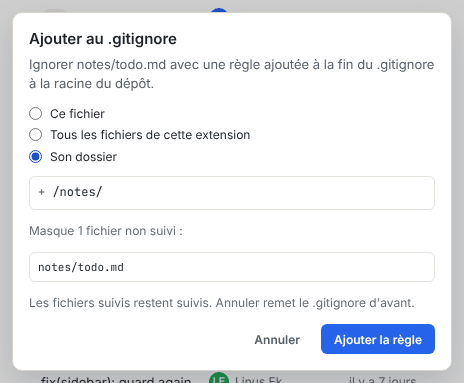 La boîte de dialogue Ajouter au .gitignore avec les options de Quoi ignorer et l’aperçu de la règle