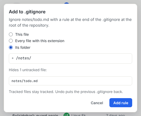 The Add to .gitignore dialog with the What to ignore options and the preview of the rule