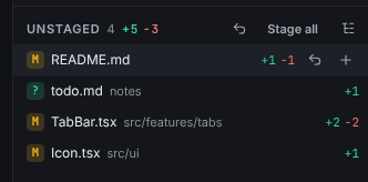 An unstaged file row under the pointer, showing its Discard changes and Stage file buttons