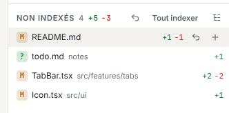 Une ligne de fichier non indexé sous le pointeur, avec ses boutons Annuler les changements et Indexer le fichier
