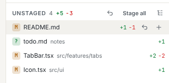An unstaged file row under the pointer, showing its Discard changes and Stage file buttons
