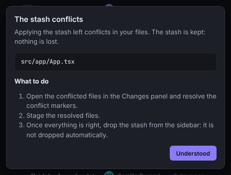 The stash conflicts dialog listing the conflicted files and the three steps to follow