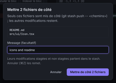 La boîte de dialogue Mettre 2 fichiers de côté, qui liste les fichiers sélectionnés, avec un champ de message et le bouton Mettre de côté 2 fichiers