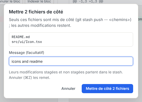 La boîte de dialogue Mettre 2 fichiers de côté, qui liste les fichiers sélectionnés, avec un champ de message et le bouton Mettre de côté 2 fichiers